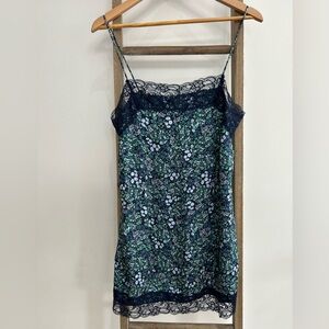 Aerie Floral Navy Green Satin Lace Detail Coquette Slip Mini Dress Size M Y2K